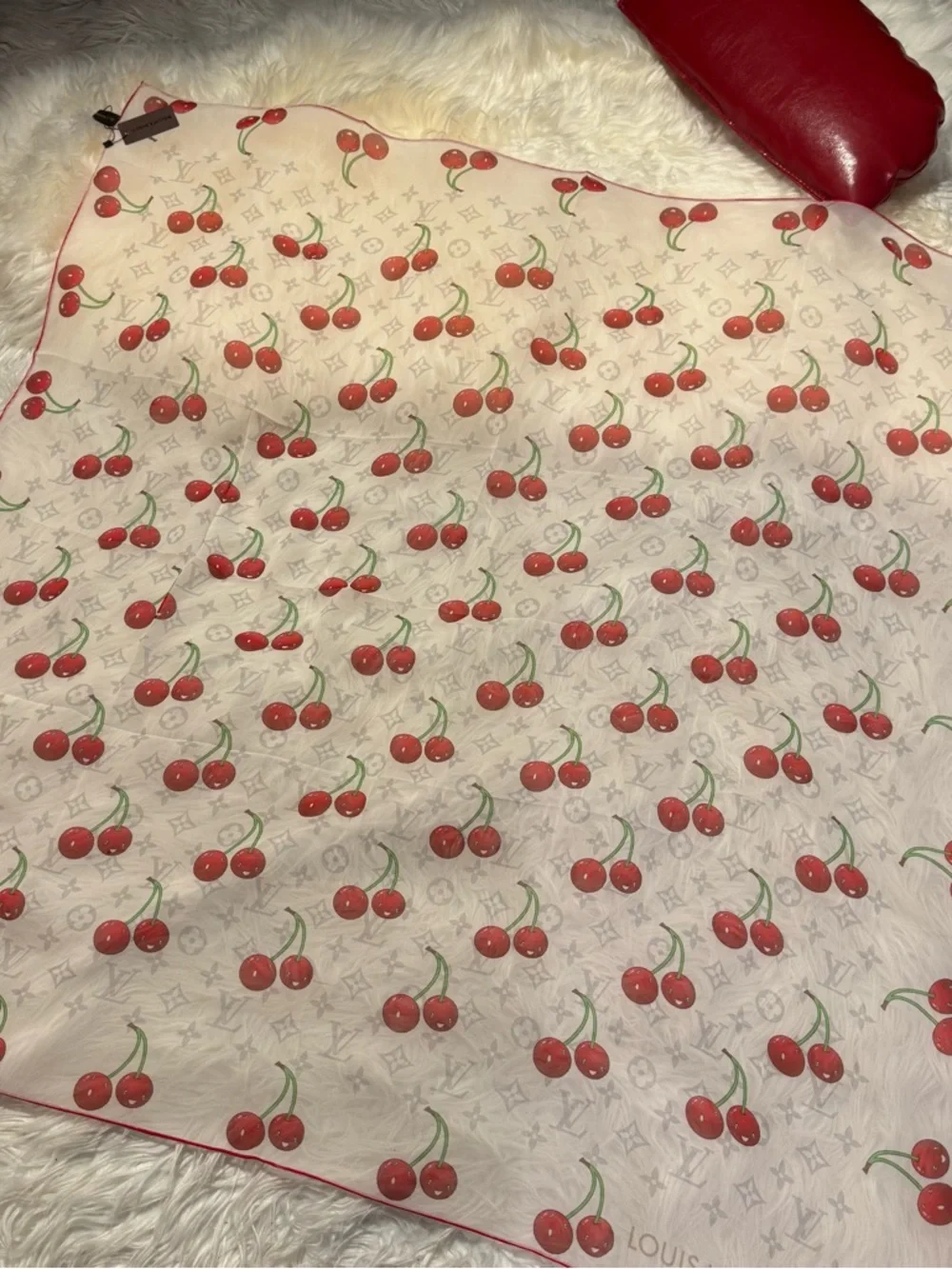 LOUIS VUlTTON 100% silk cherry print monogram scarf 40x40 custom print design